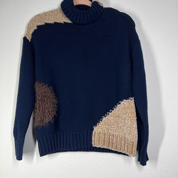 Turtleneck Sweater Miss Capitan size S cotton blue beige brown - Picture 2 of 13